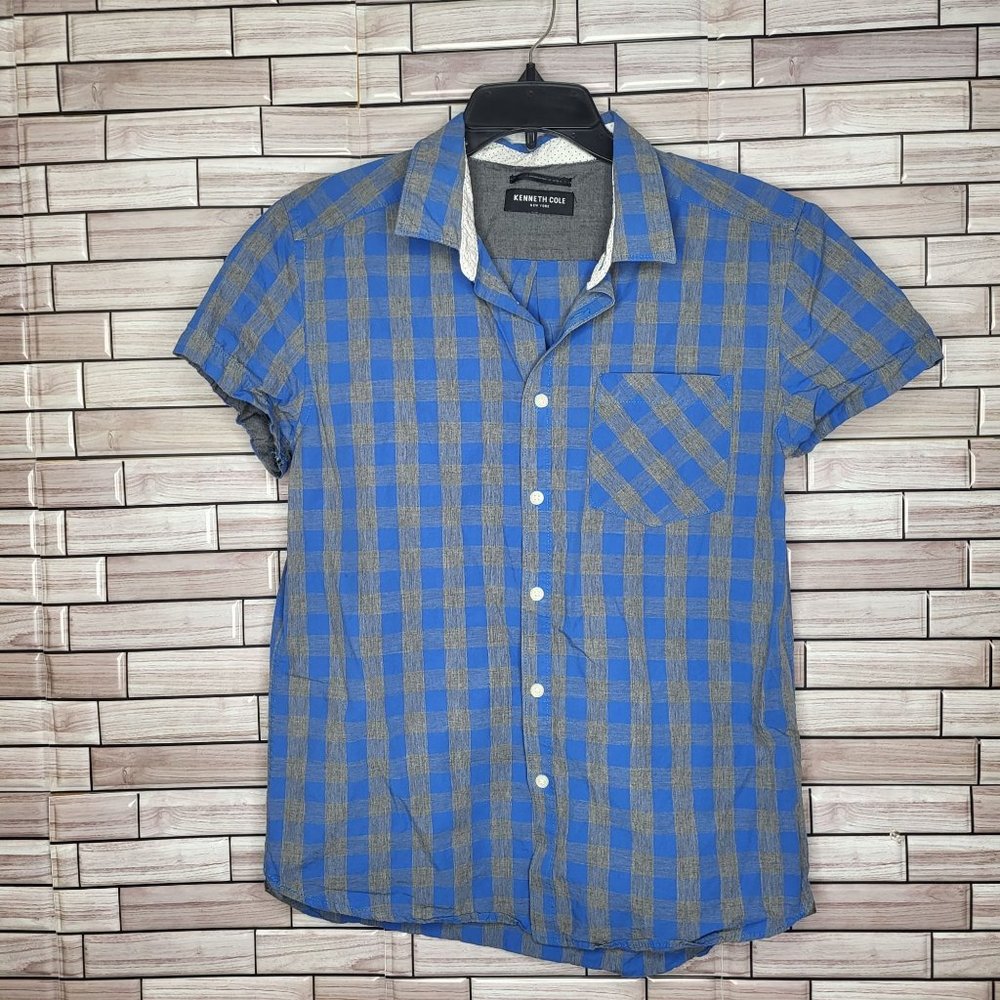 Kenneth Cole Men's Button Up Plaid Blue/Grey‎ Short Sleeve Shirt Size: XL